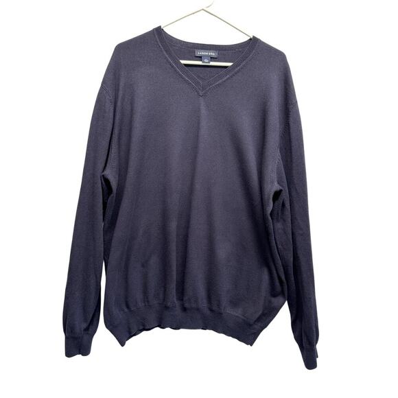 Vintage Lands' End Cotton Cashmere Sweater Mens XL 46-48 Blue V Neck Pullover - Picture 1 of 8